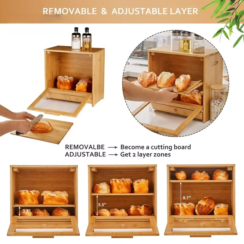 대나무 빵 보관함 2단 접이식 뚜껑이 있는 나무 빵통  - Bread Box Bamboo 리뷰 및 가격